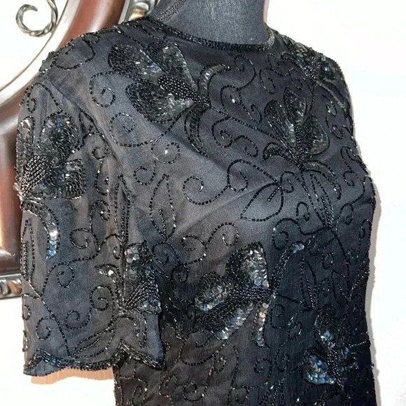 Stenay Women’s 100% Silk Black Beaded Sequin Vintage Scalloped Hem Size Medium - Picture 4 of 16